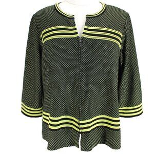 Ming Wang Cardigan Sweater Jacket Women 2X Black Lime Green 3/4 Sleeve Zip Front